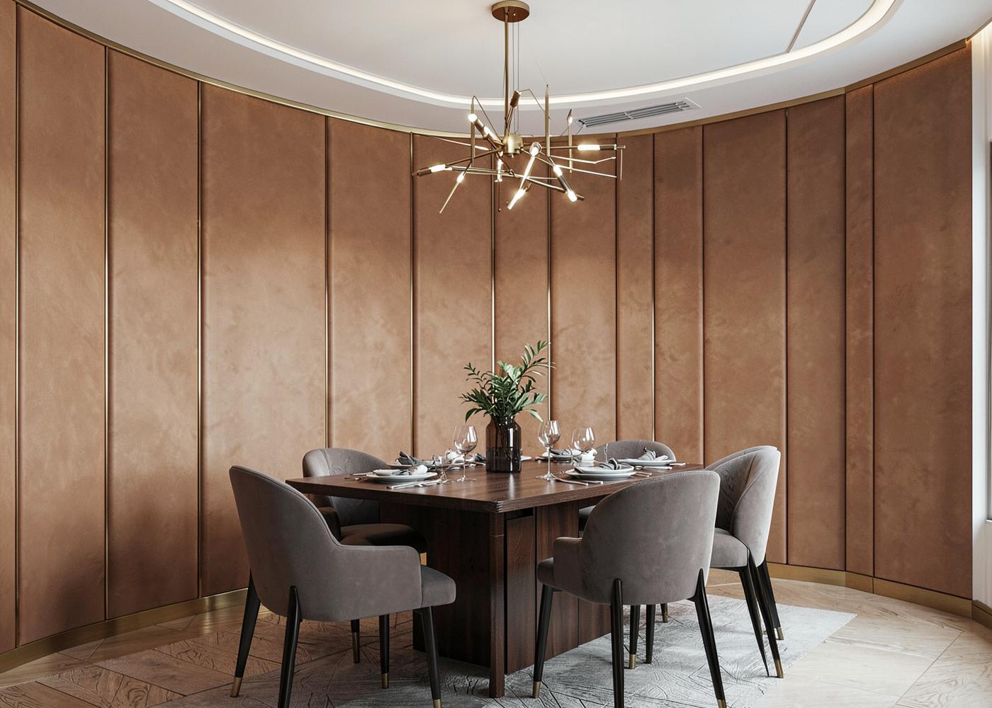 One Paraiso dining room with curved upholstered wall paneling and brass details