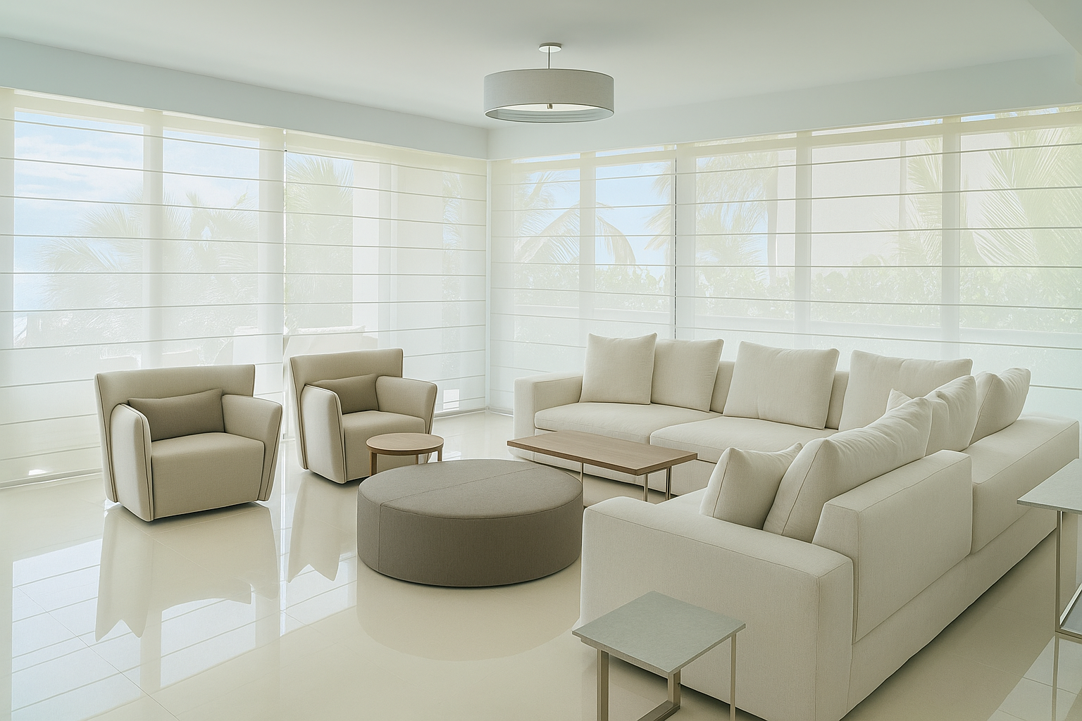 Bright corner living room with motorized translucent shades