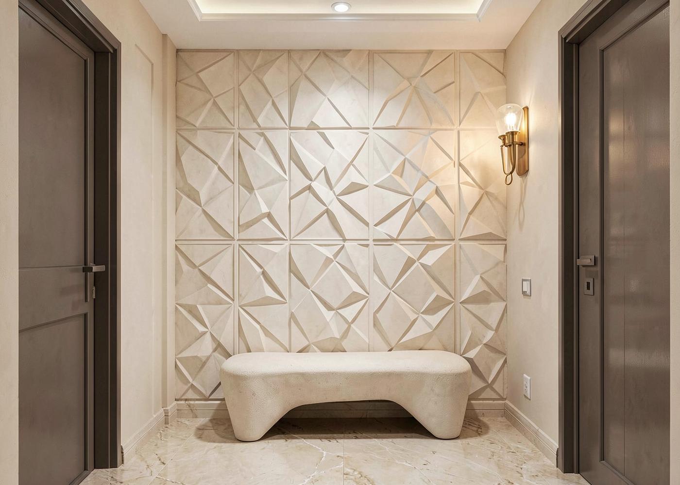 Aria on the Bay foyer with ivory 3D geometric wall paneling and bench