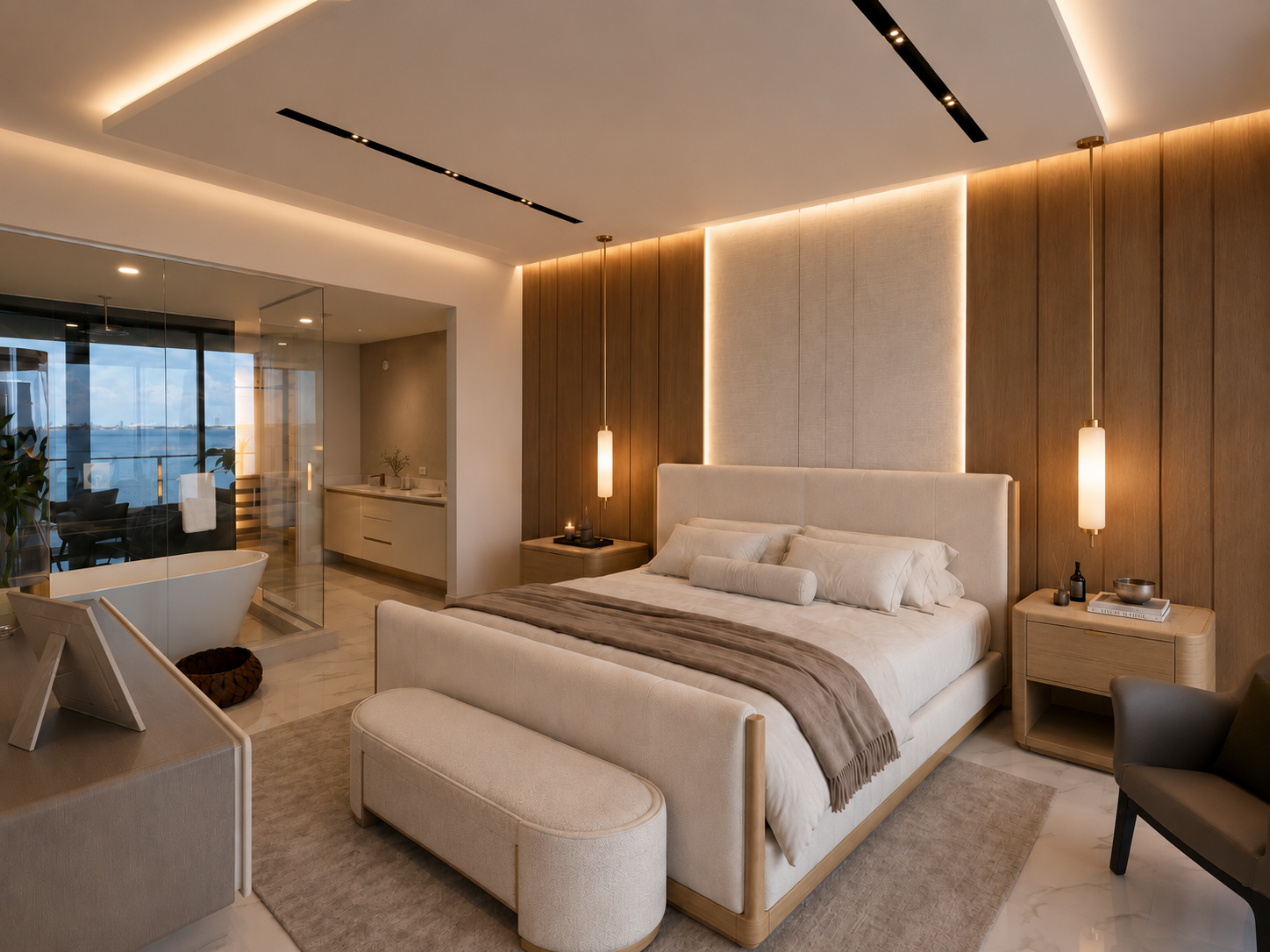 Aria Reserve primary bedroom with wood panelled headboard wall