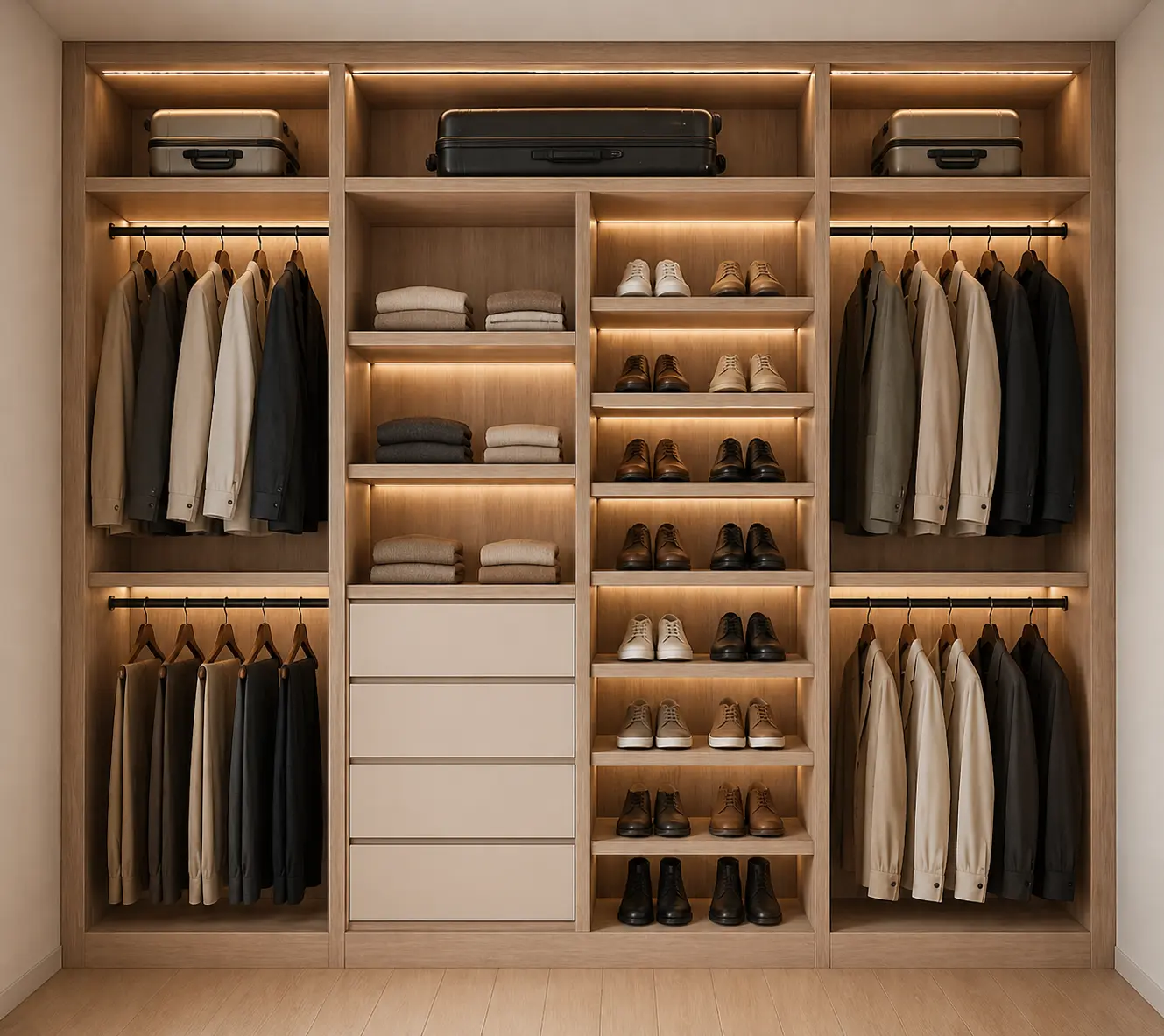 Aria Reserve walk-in closet in light oak with LED lighting and shoe shelving