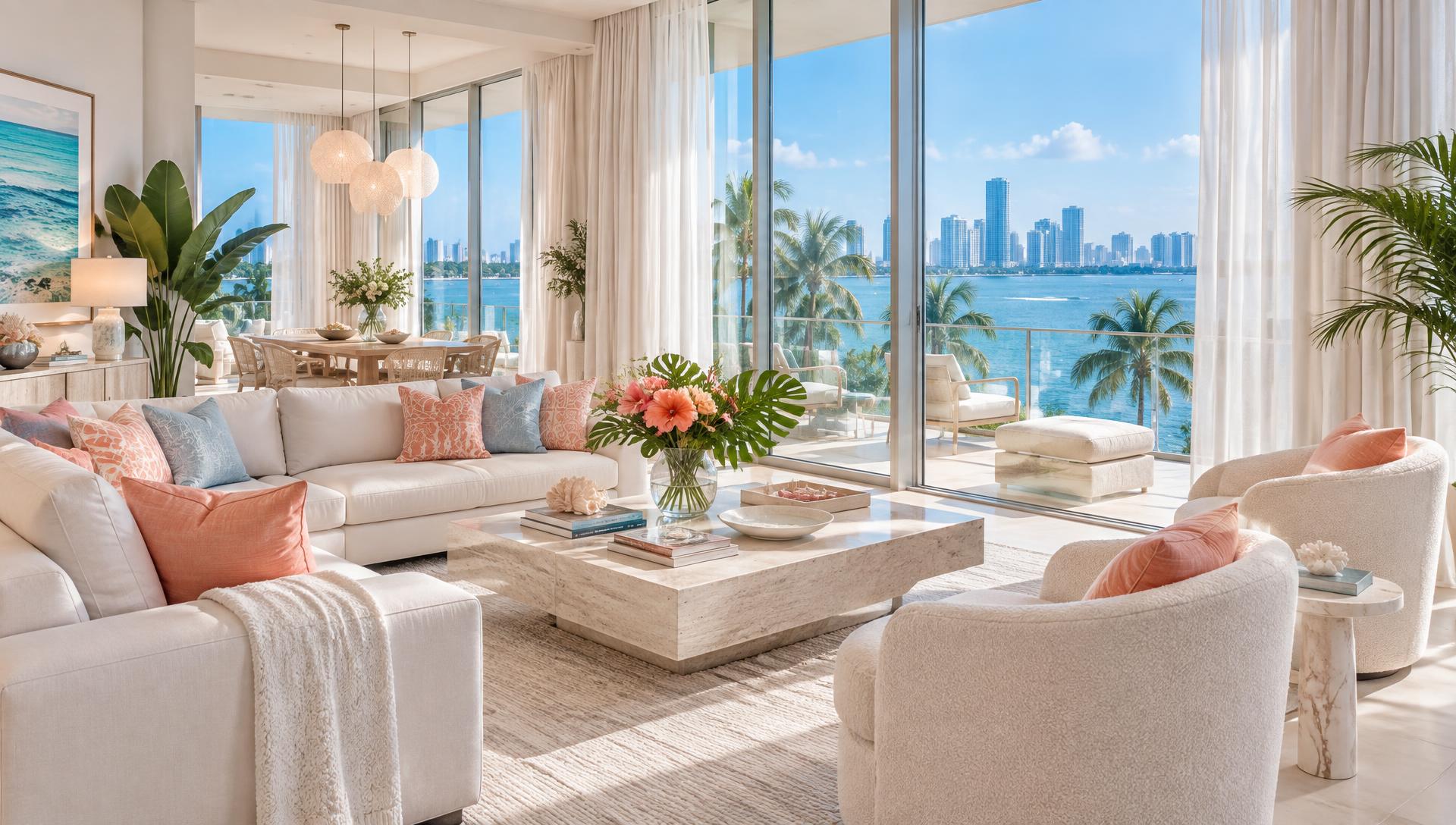Bright Miami bayfront living room with palm trees, sheer curtains and coral accents